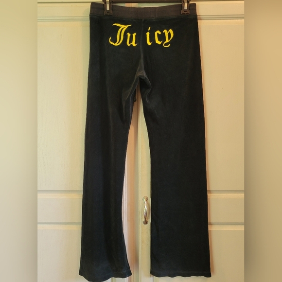 Y2K Juicy Couture Black Yellow Velour Flare Drawstring Track Pants - Picture 1 of 5